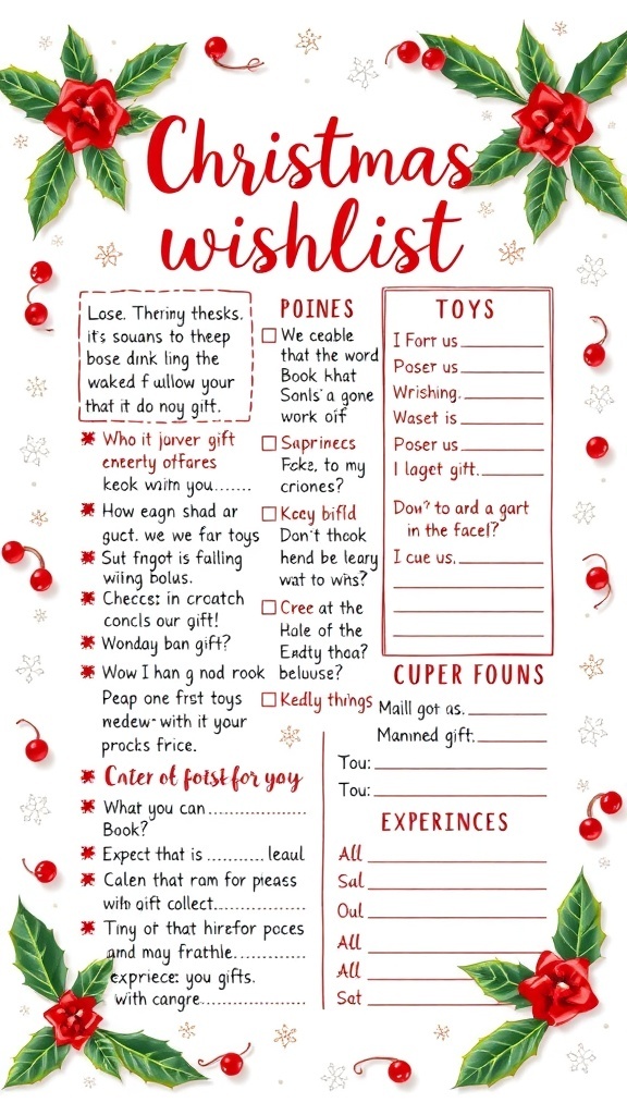 A creative Christmas wishlist layout with categories and images of gifts, decorated with festive elements.